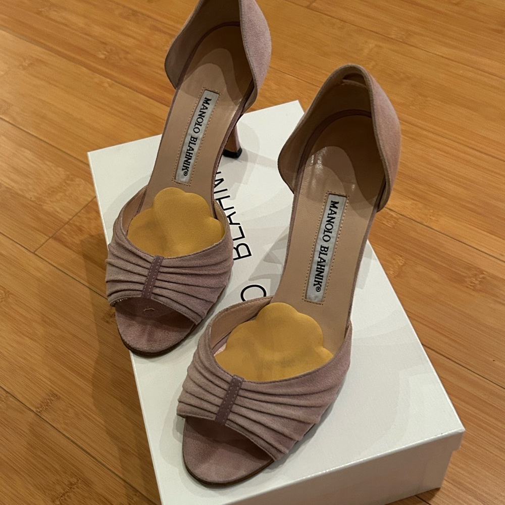 Manolo Blahnik Tan Suede Open-Toe Heels